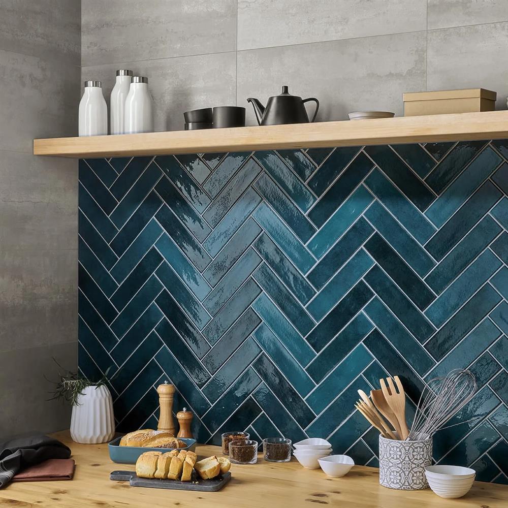 Herringbone Valencia azure metro tiles